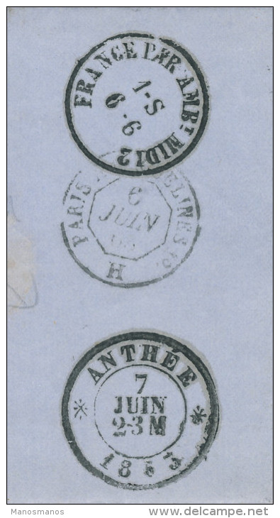 749/22 - Lettre TP France Ambulant Strasbourg à Paris 1863 Vers ANTHEE Belgique - Verso France Par Ambt MIDI 2 - Transit Offices