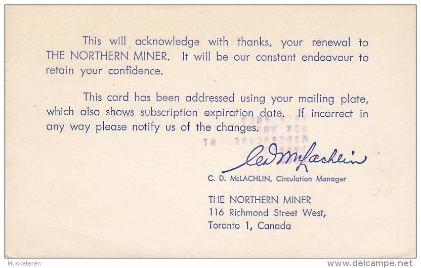 Canada Postal Stationery Ganzsache Entier 3 C Elizabeth Private Print THE NORTHERN MINER, Precancelled Card (2 Scans) - 1953-.... Reinado De Elizabeth II