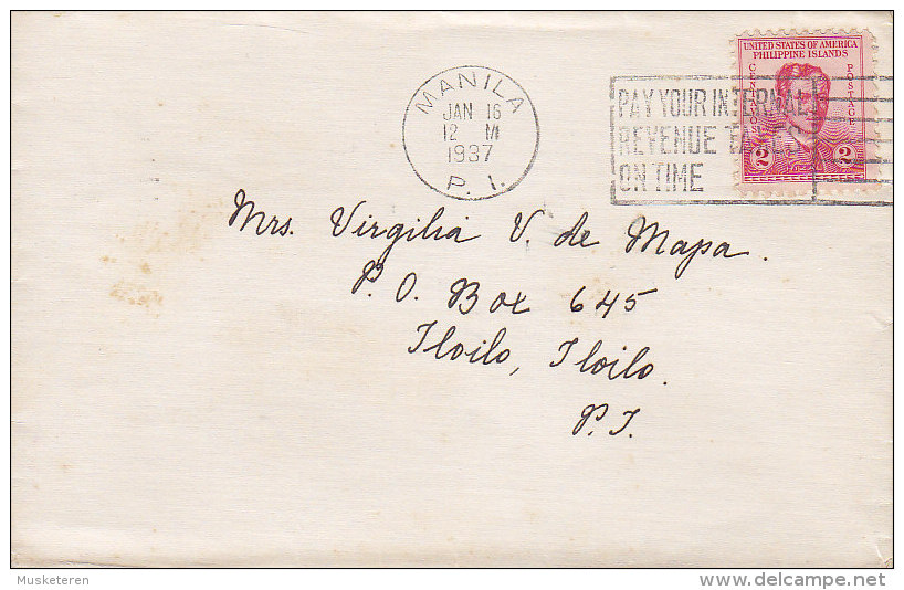 United States Possession Philippines Slogan 'Pay Your Internal Revenue Taxes On Time' MANILA Cover Lettre 1937 To ILOILO - Philippines