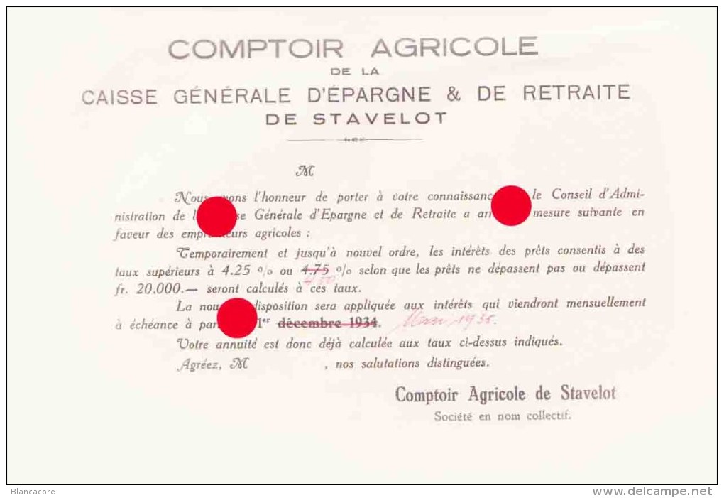 Comptoir Agricole De La Caisse Générale D´ Epargne & De Retraite  De STAVELOT 1935 - Landwirtschaft