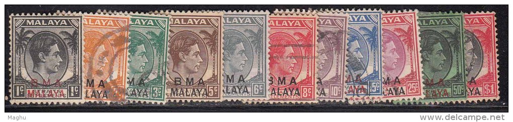BMA Malaya British Military Administration, 1945 Used King George VI Series, 11 Values, Malaysia (sample Image) - Malaya (British Military Administration)