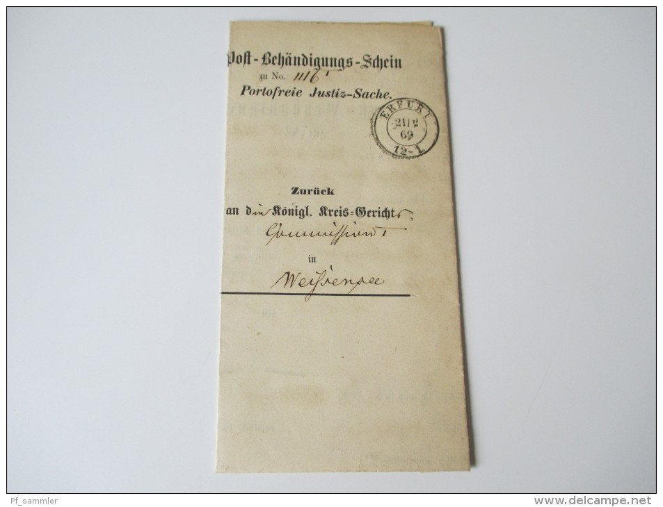Post Behändigungs - Schein Erfurt 1869 Portofreie Justiz - Sache. 2 Stück. Postdokumente Altdeutschland - Storia Postale