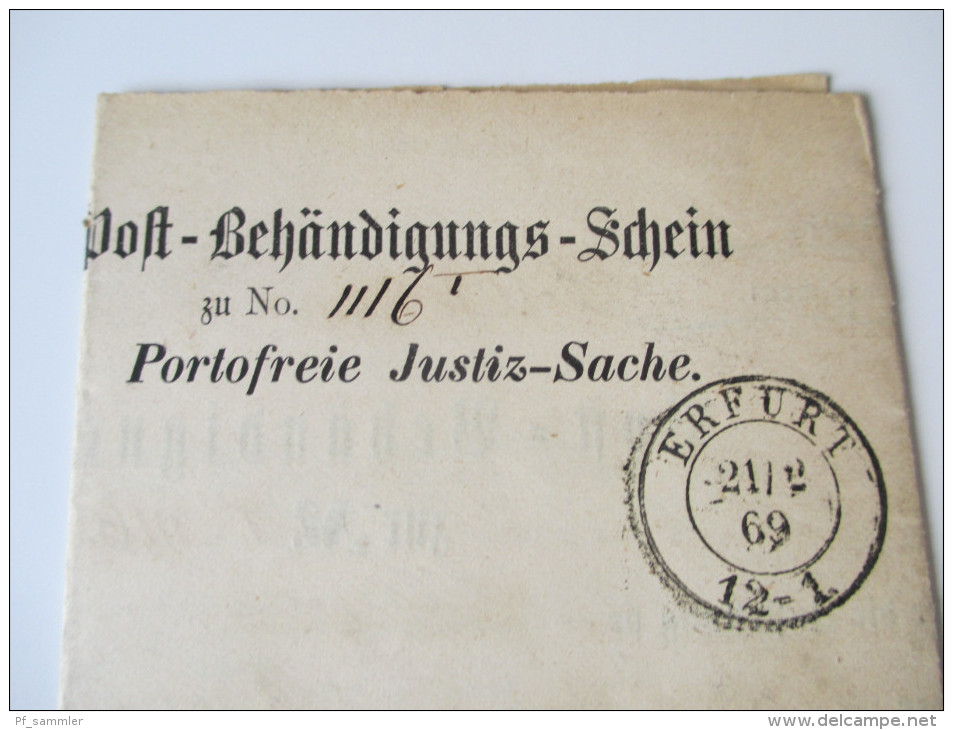 Post Behändigungs - Schein Erfurt 1869 Portofreie Justiz - Sache. 2 Stück. Postdokumente Altdeutschland - Lettres & Documents