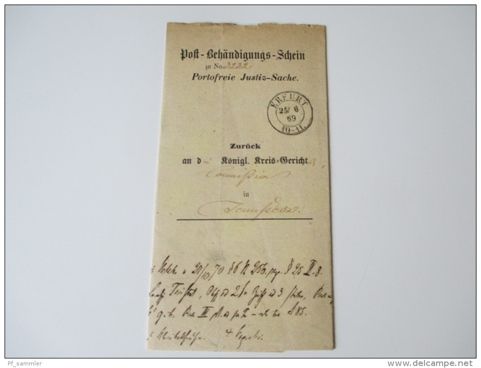 Post Behändigungs - Schein Erfurt 1869 Portofreie Justiz - Sache. 2 Stück. Postdokumente Altdeutschland