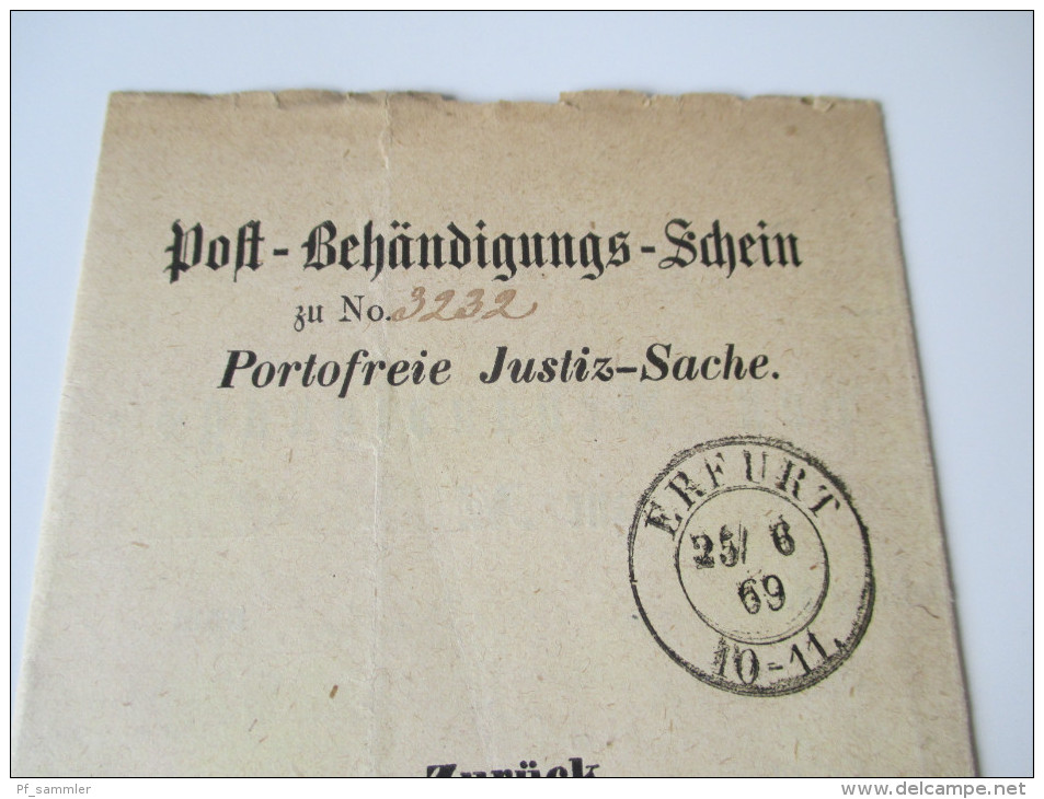 Post Behändigungs - Schein Erfurt 1869 Portofreie Justiz - Sache. 2 Stück. Postdokumente Altdeutschland