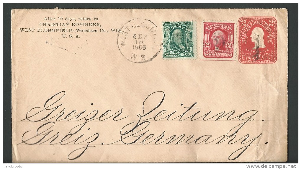 1908.  COVER  FROM WISCONSIN U.S.A. TO GREIZ  GERMANY. - Covers & Documents