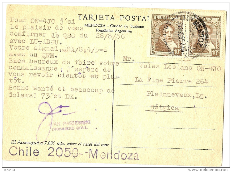 LBON9/2 - ARGENTINE CPA ENTRE RADIOAMATEURS MENDOZA / PLAINNEVAUX (BELGIQUE) 30/8/1956 - Lettres & Documents