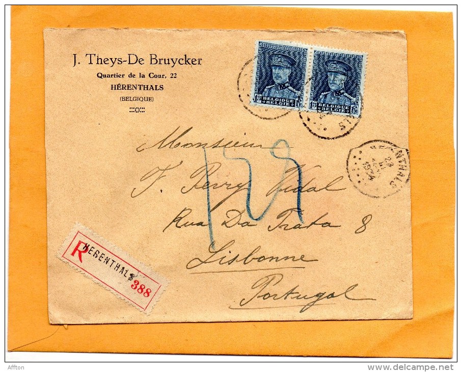 Belgium 1934 Registered Cover Mailed To Portugal - 1934-1935 Leopold III