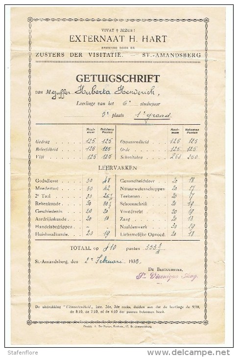 Getuigschrift Externaat . Hart Te St. Mandsberg Van 1935 - Diplome Und Schulzeugnisse