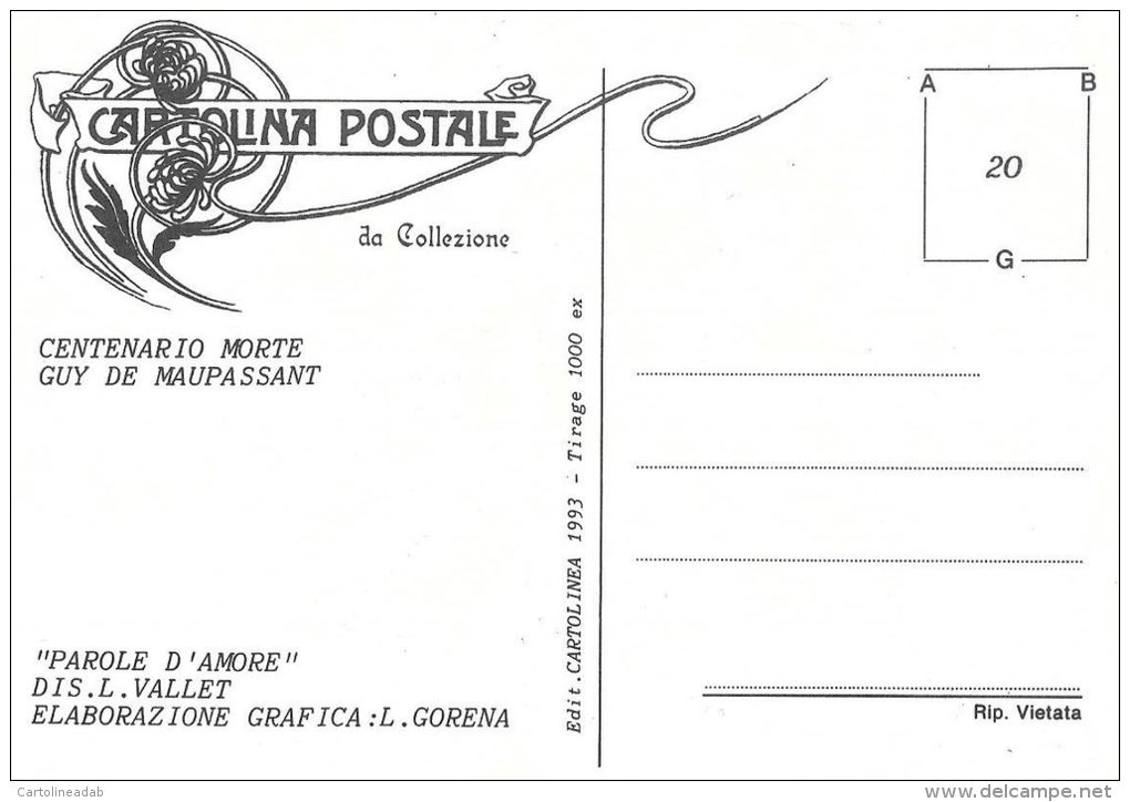 [DC0020] CARTOLINEA - MOLTO RARA - CENTENARIO DELLA MORTE DI GUY DE MAUPASSANT - SCRITTORE - 1983/1993 - Scrittori