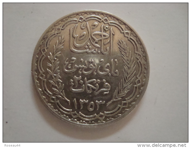 Tunisie - 20F En Argent 34mm - Poids 20g Env.- Diamètre 34mm Env.- Rare -AH 1353-1934-Très Belle - Tunisie