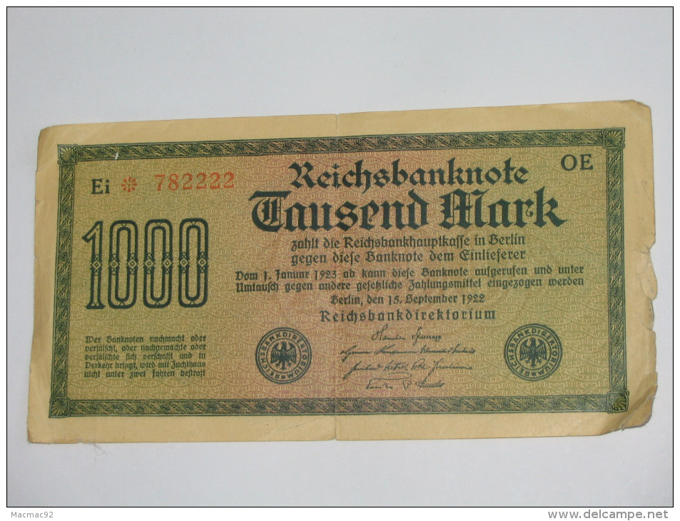 1000 Taunsed Reichsbanknote 1922 - Germany - Allemagne **** EN ACHAT IMMEDIAT **** - 10 Mark