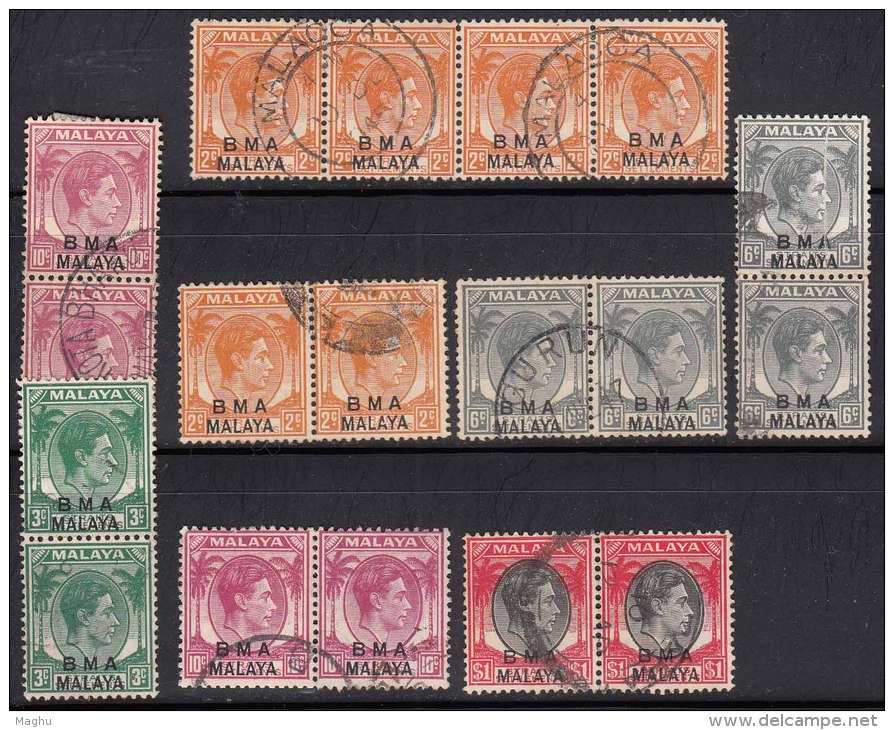 Pair And Strips. Used BMA, Malaya British Military Administration, 1945 Used King George VI, Pairs - Malaya (British Military Administration)