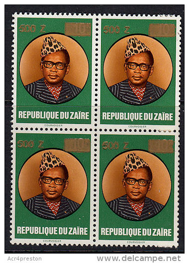 C0274 ZAIRE 1990, 500Z Surcharge On Mobutu, Block Of 4  MNH - Nuevos