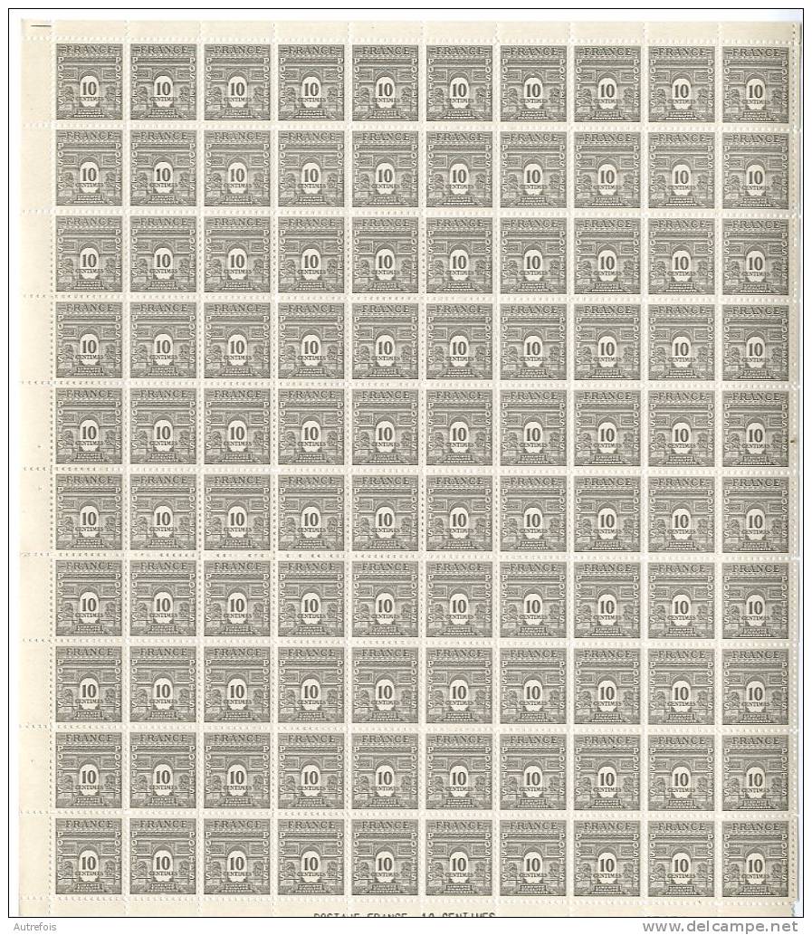 FRANCE - 10c Arc De Triomphe 1944  - FEUILLE ENTIERE DE 100 TIMBRES NEUFS SANS T  DE CHARNIERES - Full Sheets