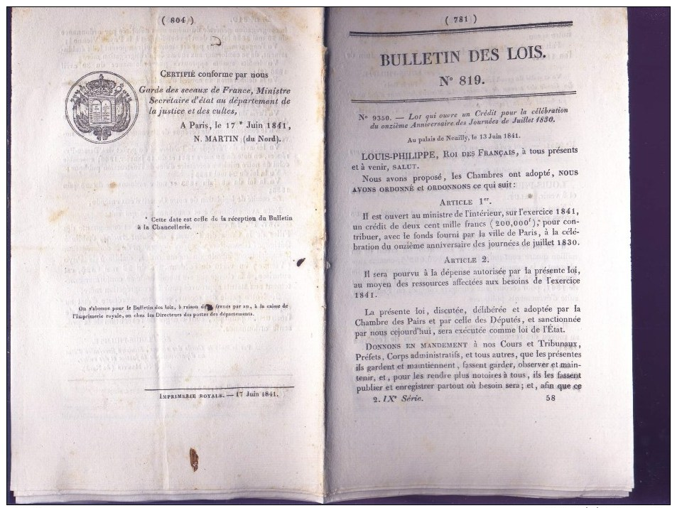 Bulletin Des Lois Du 17 Juin 1841 – 173 Ans D’âge ! - Responsabilité Des Propriétaires De Navires - Crédit Pour Celebrat - Decrees & Laws