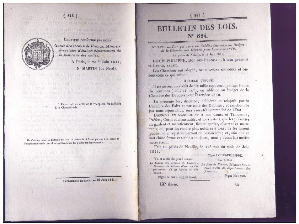 Bulletin Des Lois Du 23 Juin 1841 – 173 Ans D’âge ! - Etablissement De Deux Nouveaux Services De Paquebots à Vapeur Sur - Décrets & Lois