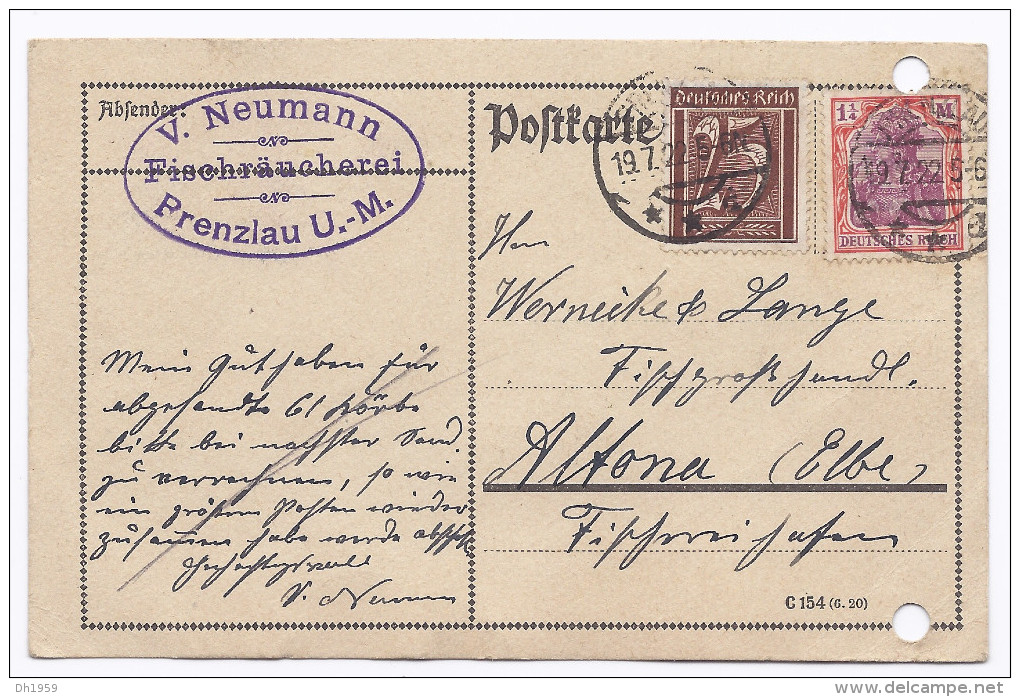 POSTKARTE PRENZLAU V. NEUMANN FISCH POISSON SAUMON SEE LACHS RÄUCHEREI Nach ALTONA 1922 - Prenzlau