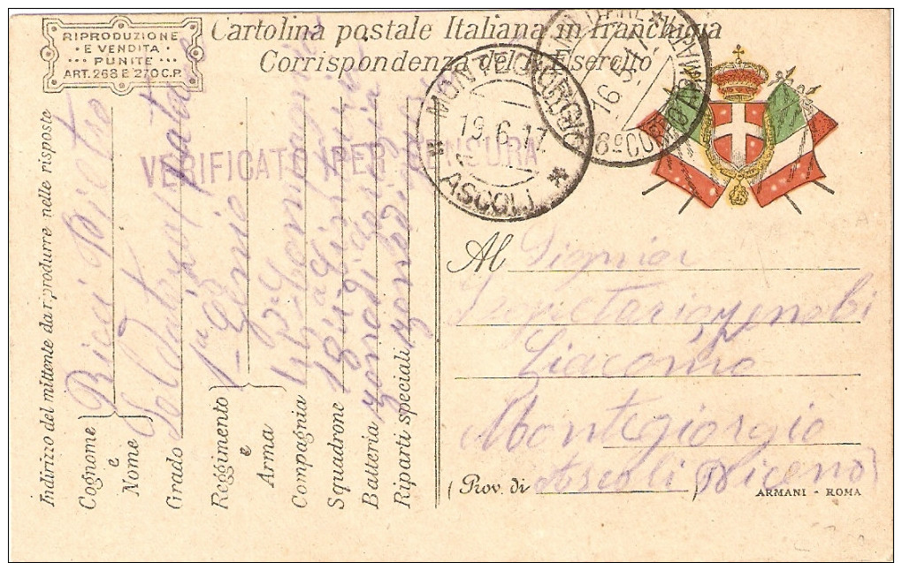 P.M.1915/1923-CARTOLINA FRANCHIGIA  - POSTA MILITARE 6° CORPO ARMATA - Posta Militare (PM)