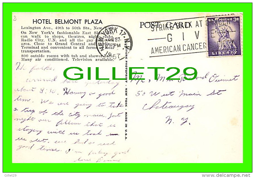 NEW YORK CITY, NY - BELMONT PLAZA , LEXINGTON AVE - A TISH HOTEL - TRAVEL IN 1957 - - Cafés, Hôtels & Restaurants