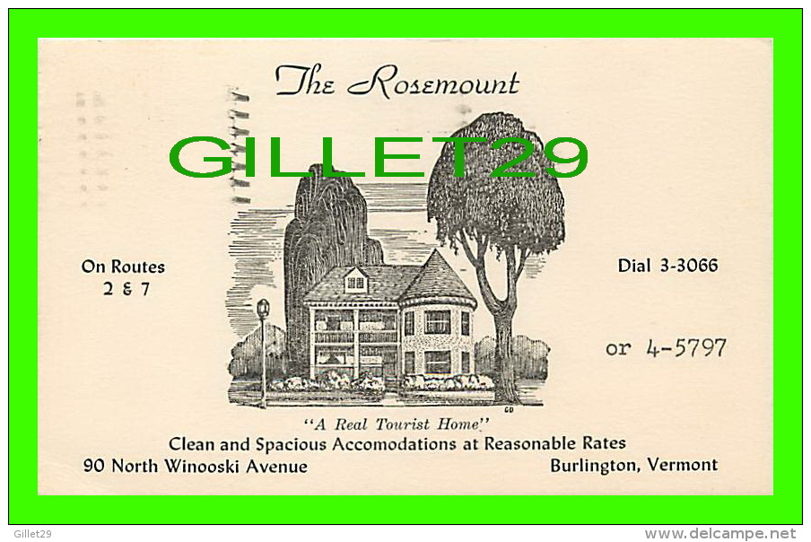 BURLINGTON, VT - THE ROSEMOUNT - A REAL TOURIST HOME - TRAVEL IN 1953 - - Burlington