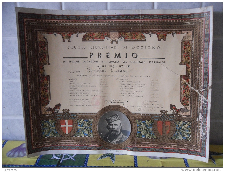 FASCISMO DIPLOMA DI OGGIONO LECCO PREMIO IN MEMORIA DI GIUSEPPE GARIBALDI - Diploma's En Schoolrapporten