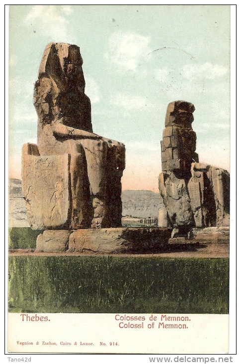 LANV8- EGYPTE CPA "THEBES COLOSSES DE MEMNON"  LUQSOR / BRUXELLES 13/1/1908 - 1866-1914 Khedivate Of Egypt