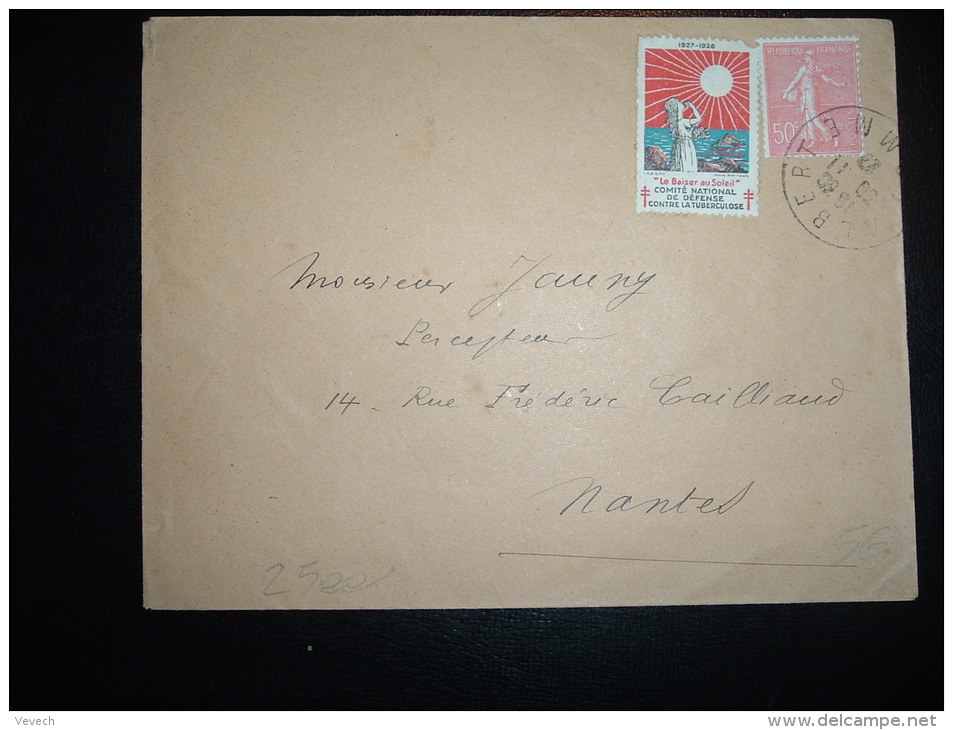 LETTRE TP SEMEUSE 50C OBL. 30-11-27 ALBERT SOMME (80) + VIGNETTE CONTRE LA TUBERCULOSE 1927-1928 - Lettres & Documents