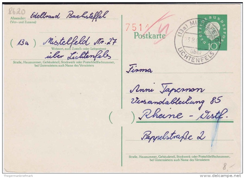 Bund Heuss P 37 PSt I Stempel Mistelfeld ü Lichtenfels 1960 - Postcards - Used