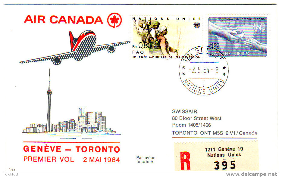 Genève ONU UNO Toronto 1984 Via Air Canada - Inaugural Flight - 1er Vol Erstflug - Suisse - - First Flight Covers