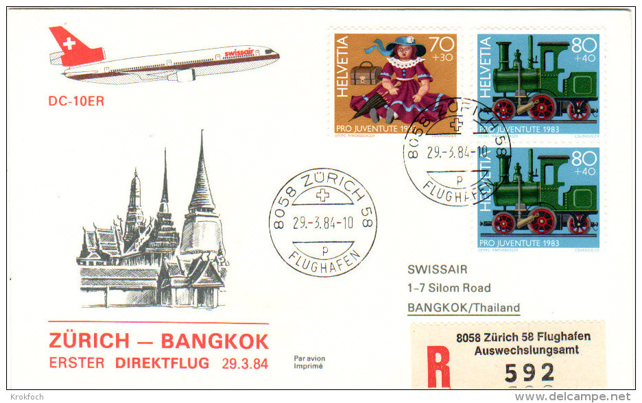 Zurich Bangkok 1984 Via Swissair - Inaugural Flight - 1er Vol Erstflug - Suisse - Thailande Siam Thailand - First Flight Covers