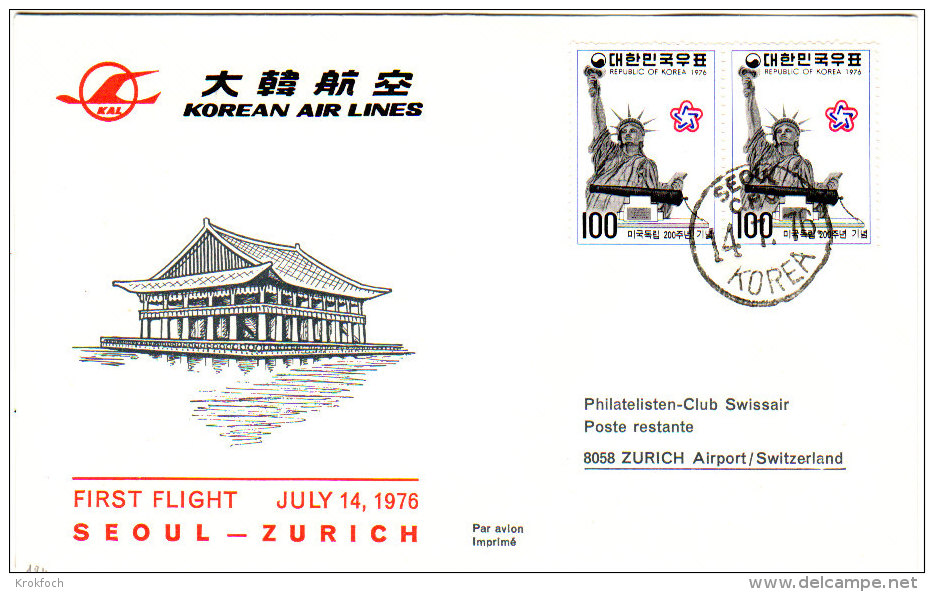 Seoul Zurich 1976 Via KAL - Inaugural Flight - 1er Vol Erstflug - Suisse - Corée Korea - Korea, South