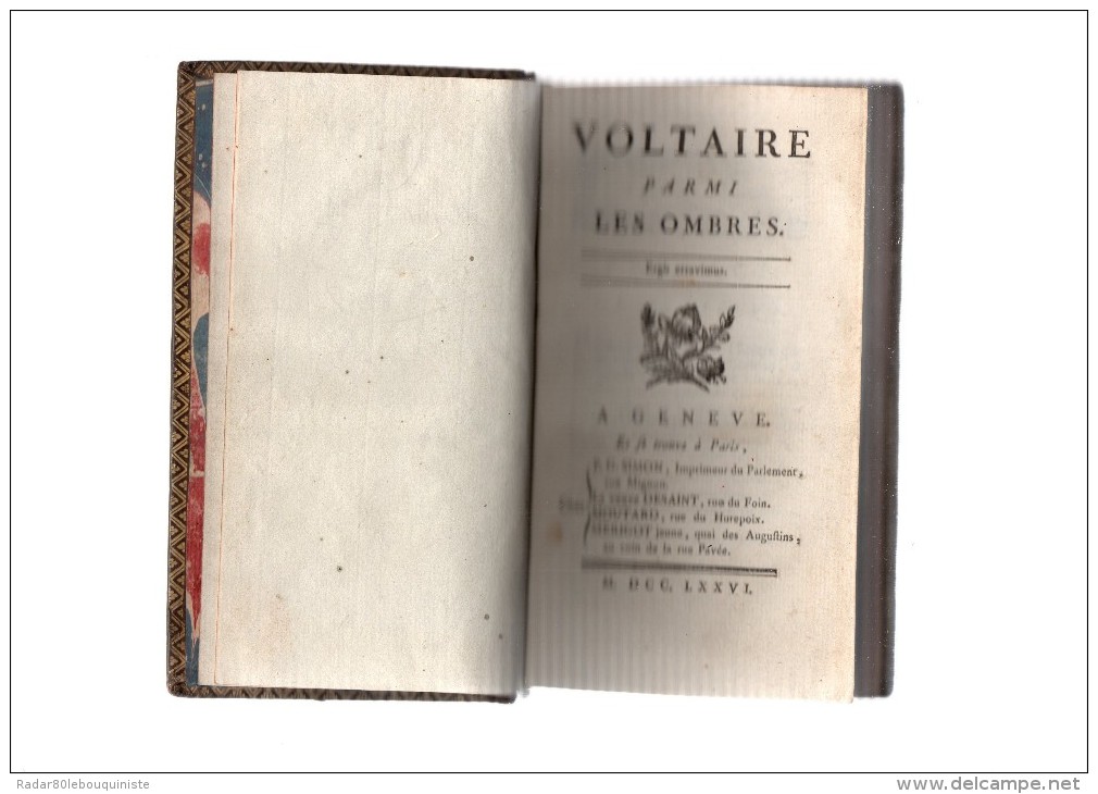 Voltaire Parmi Les Ombres.380 Pages.1776.relié Avec:abrégé Du Cours Complet De Mathématiques.l'abbé Sauri.1774.in-12. - 1701-1800