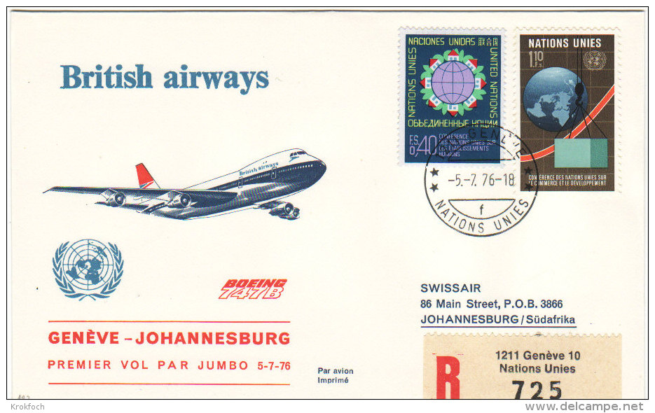 Genève ONU UNO Johannesburg 1976 Via Boeing British Airways - Inaugural Flight - 1er Vol Erstflug - Suisse - Lettres & Documents