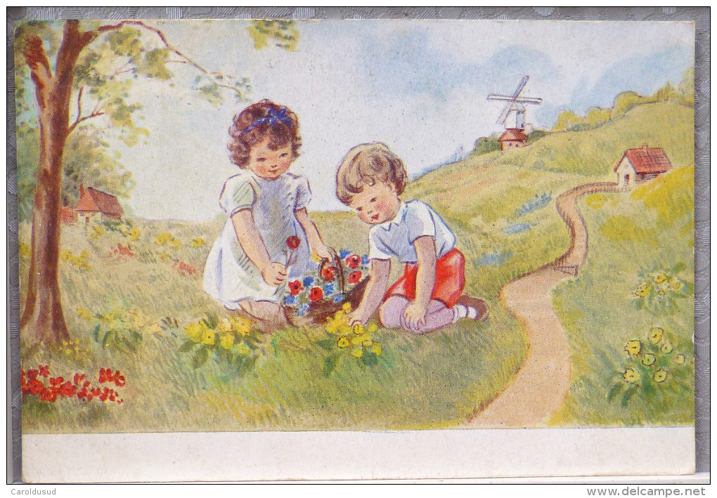 LITHO Illustrateur OUR KIDDIES 5016 AEW A.E.W. Richardson ? Duo Enfants Cueillant Fleurs Chemin Moulin Voyagé 1918 - 1900-1949