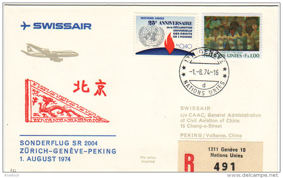 Zurich Genève Pekin Peking Beijing ONU UNO 1974 Via Swssair - Inaugural Flight - 1er Vol Erstflug - Suisse Chine China - Lettres & Documents