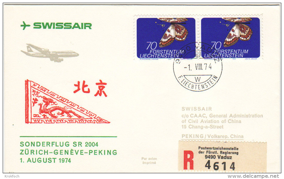 Vaduz Genève Pekin Peking Beijing 1974 Via Swssair - Inaugural Flight - 1er Vol Erstflug - Suisse Chine China Liechtenst - Lettres & Documents