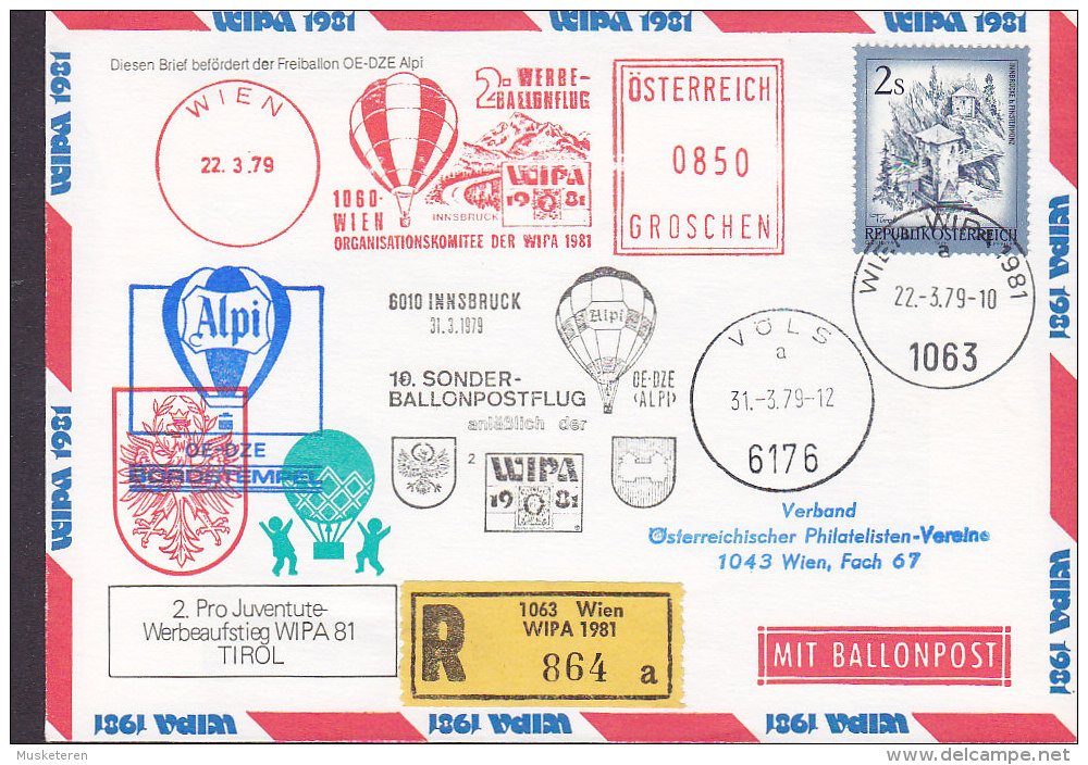 Austria Registered Einschreiben WIEN WIPA 1981 Ballonpost Cover Brief VÖLS 19. Sonderballonpost Pro Juventute (2 Scans) - Par Ballon