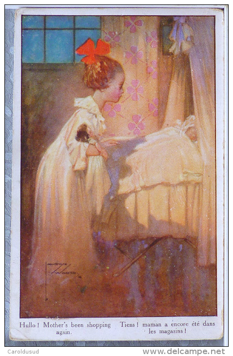 Cpa Litho Illustrateur Lawson Wood Maman A Ete Dans Les Magasins Enfant Fille Poupée Et Bébé Berceau Voyagé 1920 - Wood, Lawson