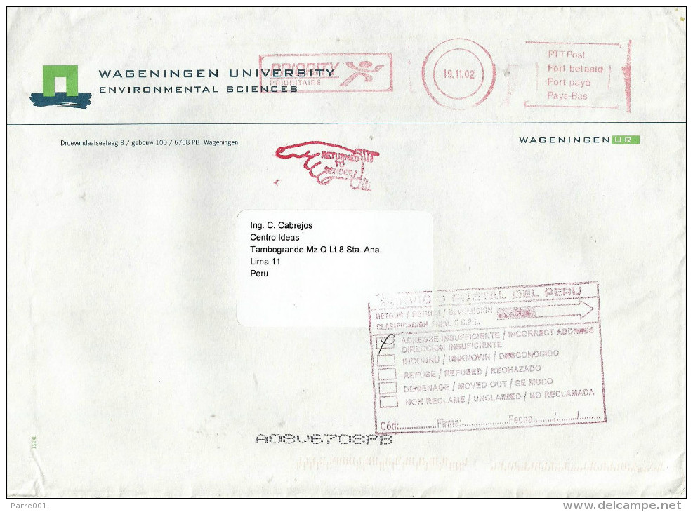 Peru 2002 Lima Returned Letter With Instructional Markings Cover - Peru