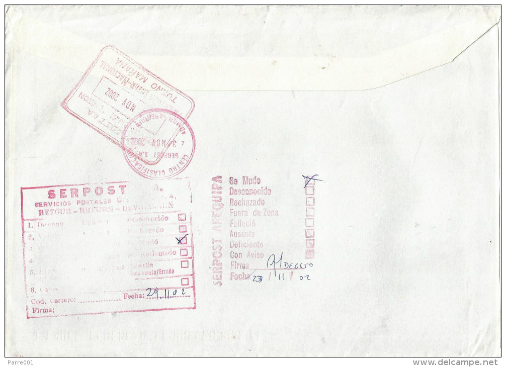 Peru 2002 Arequipa Returned Letter With Instructional Markings Cover - Peru