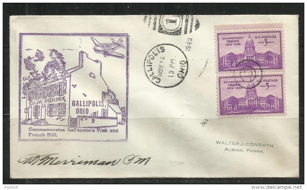 UNITED STATES STATI USA 12 NOV 1940 GALLIPOLIS OHIO COMMEMORATES LA FAYETT'S VISIT AND FRENCH 500 FDC - 1851-1940