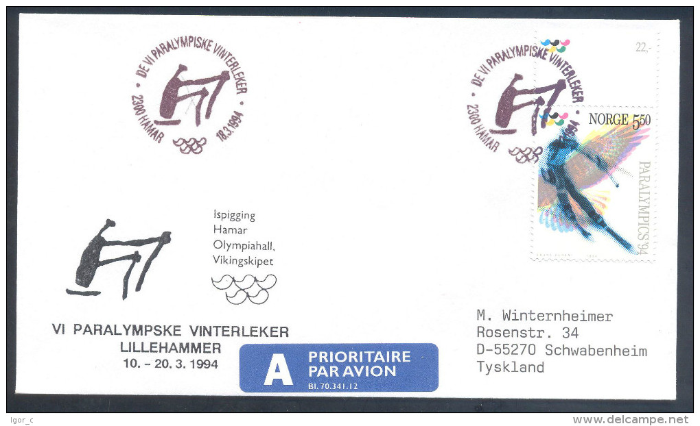 Norway 1994 Paralympic Games Airmail Priority Cover; Biathlon Paralympic Cancellation; Alpine Skiing Paralympic Stamp - Hiver 1994: Lillehammer