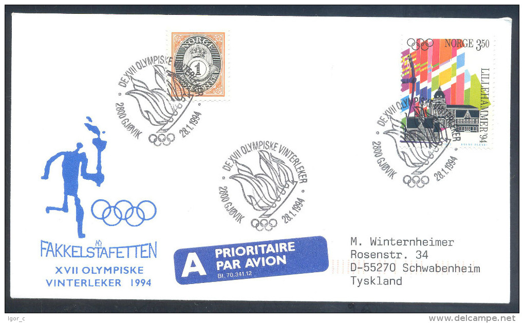 Norway 1994 Olympic Games Airmail Priority Cover; Torch Relay - Gjovik 28.1.1994 - Hiver 1994: Lillehammer