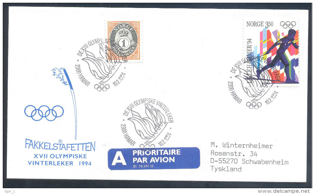 Norway 1994 Olympic Games Airmail Priority Cover; Torch Relay - Hammar 10.02.1994 - Hiver 1994: Lillehammer
