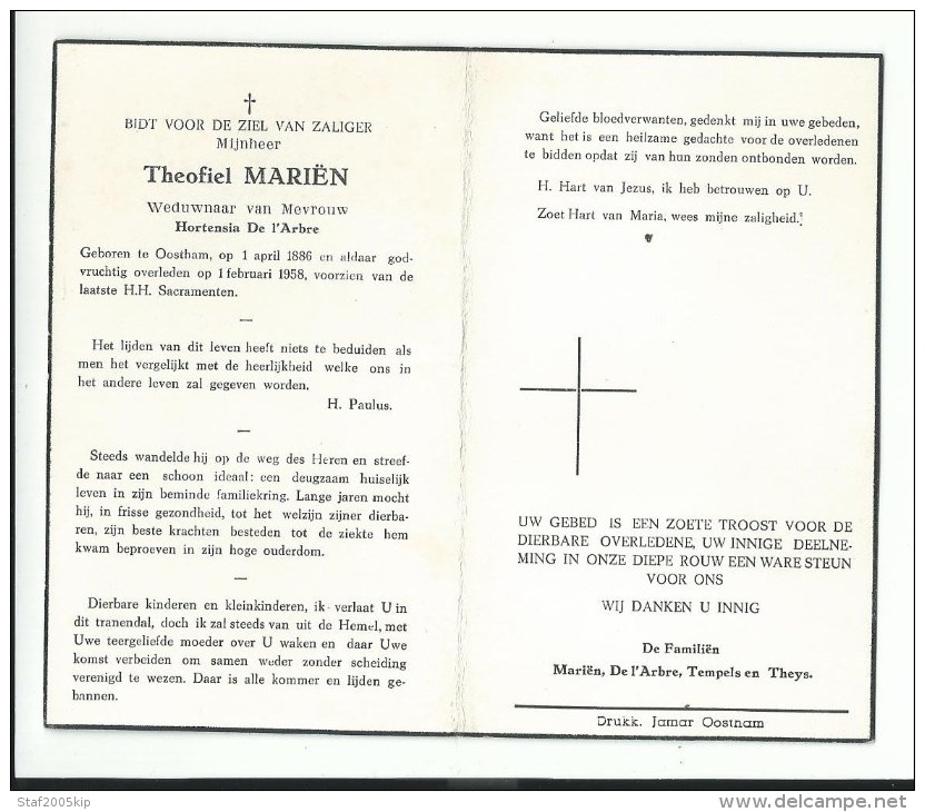 Bidprentje - Theofiel Mariën - Oostham 1886 - 1958 - Religione & Esoterismo
