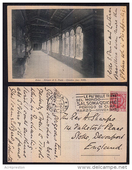 B0397 ITALY 1927, Card Rome To UK, 'Ferrovia' Rail Post Office - Marcophilia