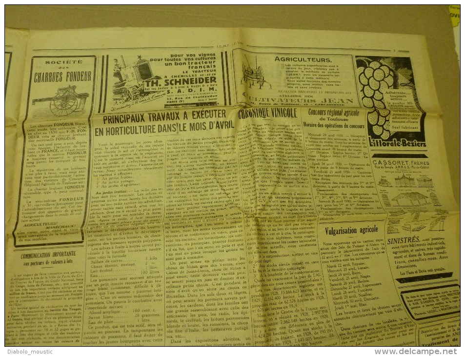 1930 LE BLE, LE VIN journal rare :Toulouse foire aux regrets;CRISE vin et agricole; Lé cadétou dé Bordo-Nobo; La Baïse