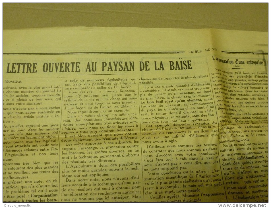 1930 LE BLE, LE VIN journal rare :Toulouse foire aux regrets;CRISE vin et agricole; Lé cadétou dé Bordo-Nobo; La Baïse