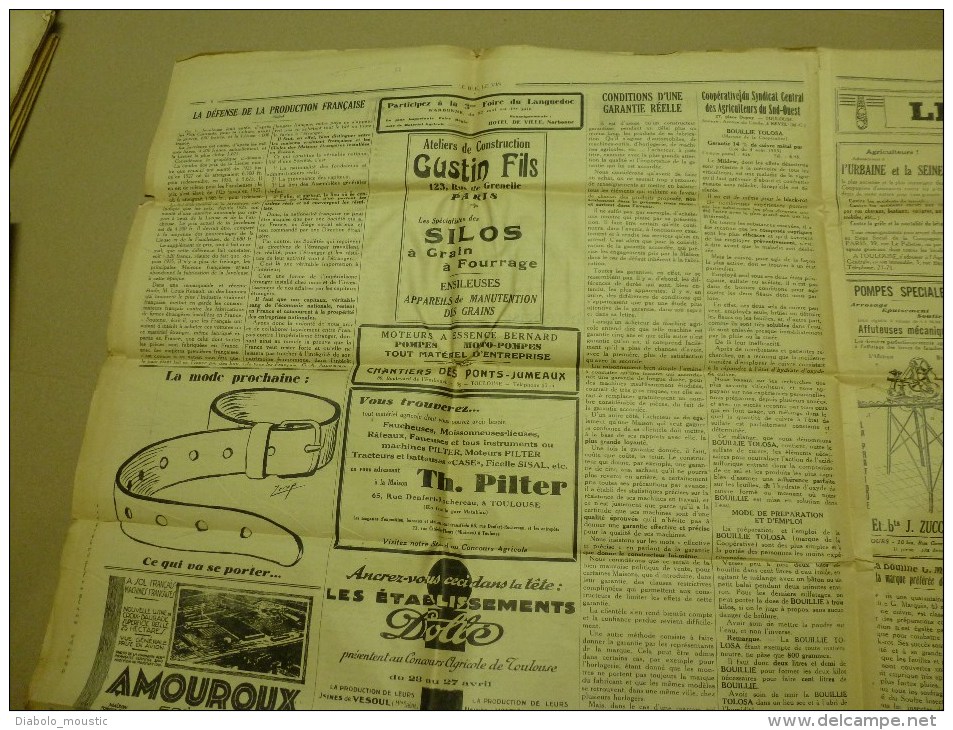 1930 LE BLE, LE VIN journal rare :Toulouse foire aux regrets;CRISE vin et agricole; Lé cadétou dé Bordo-Nobo; La Baïse